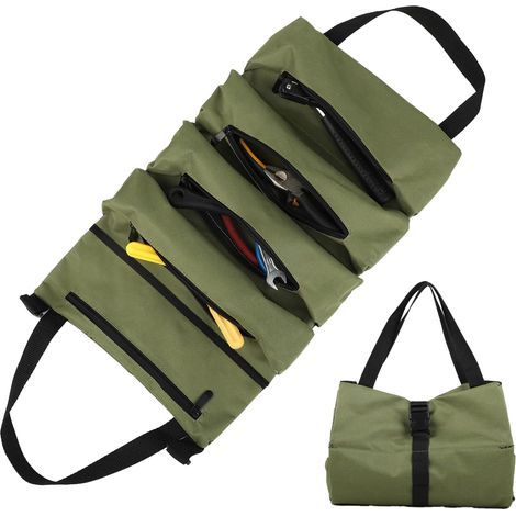 (Vert)Sac à Outils Enroulable en Toile Trousse à Outils avec 5 Poches Zippées Pour Électriciens, Plombiers, Charpentiers, Ménage, Voitures et Motos (1/5)