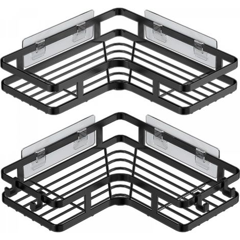 Étagère de douche sans perçage d'angle, 2 étagères de rangement d'angle pour salle de bain avec 4 crochets, porte-gel douche, porte-shampoing douche (1/4)