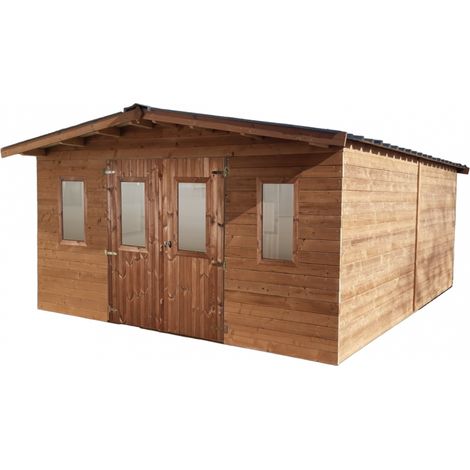 Caseta de jardín de madera tratada térmicamente, 380x480 cm – Espesor de pared 26 mm – Techo de acero galvanizado – Ventanas de acrílico – THY4050 Foresta (1/3)