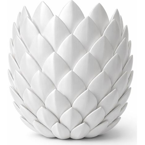 Vaso decorativo bianco con scala geometrica e supporto per piante.