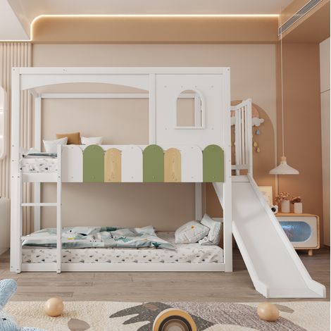 Letto a castello 90x200 cm bianco in legno con scivolo e scala di sicurezza (1/5)