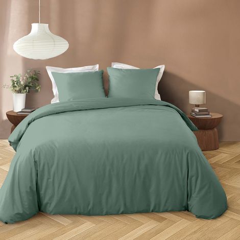 Parure de Lit 3 Pièces Microfibre Unie Lavée 100% Polyester – LIAM – Certifiée Oeko-TEX - 240 x 220 cm - Sauge (1/4)