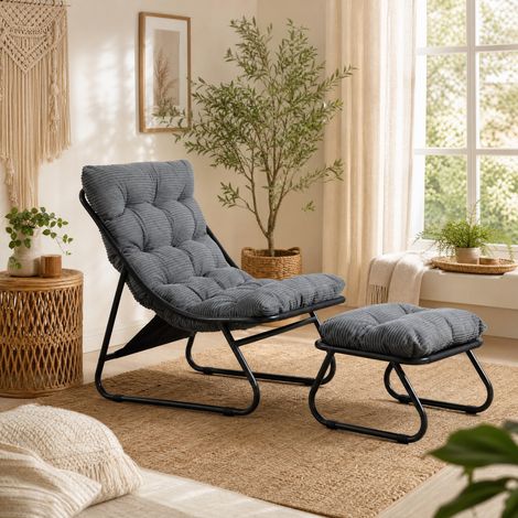 Poltrona da esterno con ottomano, cuscino grigio, struttura in acciaio nero DESVIAE (1/5)