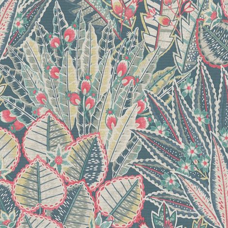 Papier peint nature intissé satin Tapisserie à motifs fleurs & feuillages Papier peint floral coloré bleu, vert & rouge idéal couloir (1/4)
