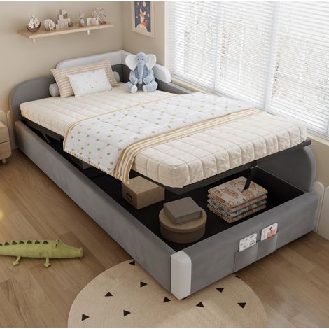 Lit enfant 90 x 200 cm lit simple rembourré avec poche de rangement, rangement hydraulique, velours gris (1/5)