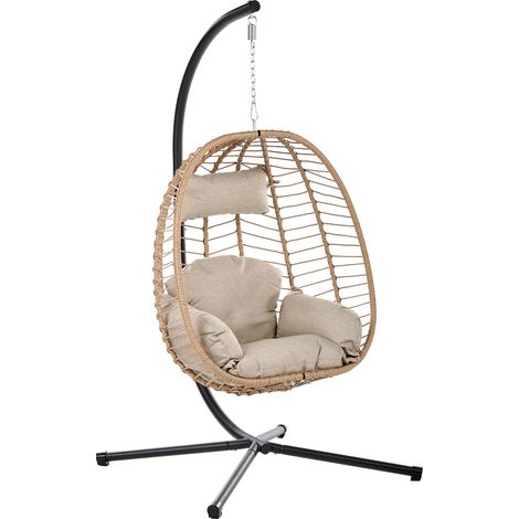 Sillón colgante columpio estilo boho de ratán sintético soporte de metal cadena con cojín mullido natural Montalcino (1/5)