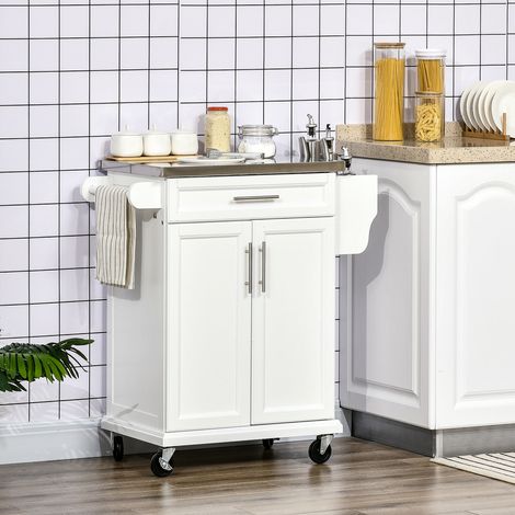 Carrito para isla de cocina con ruedas, encimera de acero, estante ajustable, cajón, especiero, blanco.