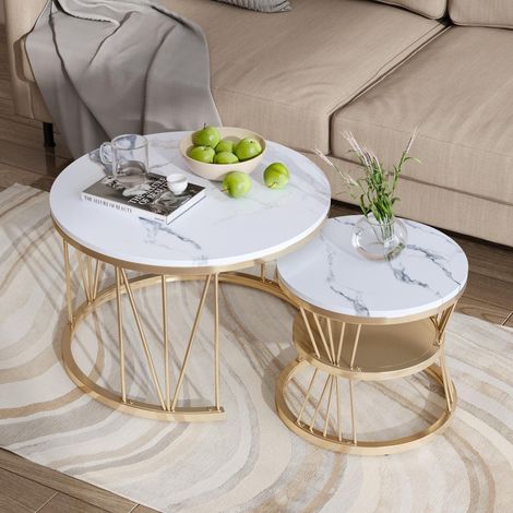 Couchtisch-Set 2-teilig, 70 cm und 45 cm – runde Satztische in Marmoroptik mit V-förmigem Gestell – MDF und Metall in Weiß/Gold