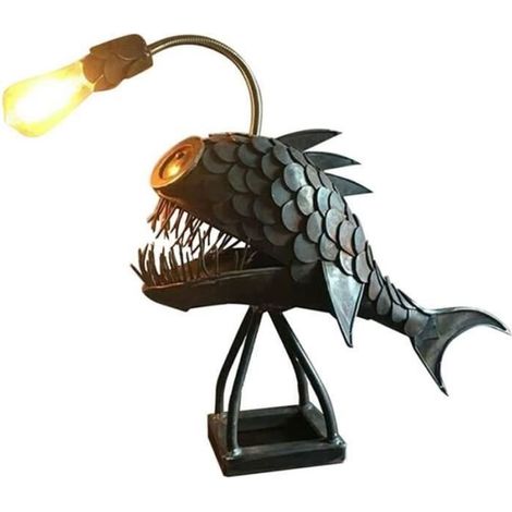 Lampe de table rétro en forme de poisson - Fait main - Fer et tôle - Éclairage décoratif - Salon chambre (1/4)