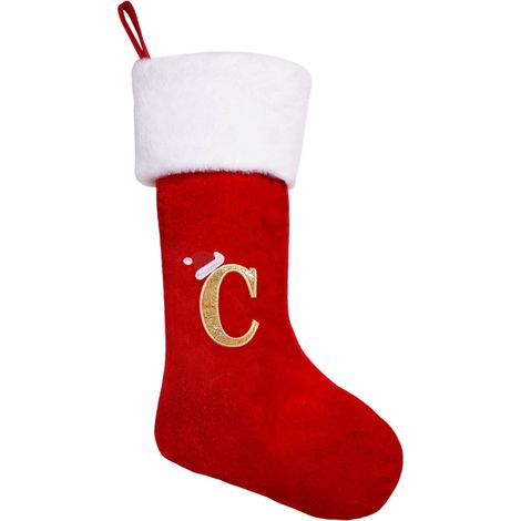 Chaussette De Noël - Velours Doux Avec Revers En Peluche Blanche - Initiale Brodée - Rouge - Pour Décoration De Cheminée - 1 Pièce (1/5)