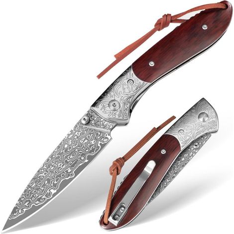 Damast Klappmesser mit Holzgriff, 67 Lagen Damaststahl, Liner Lock