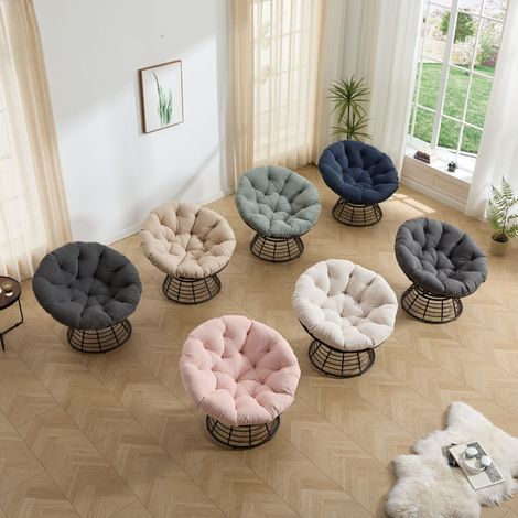 Fauteuil papasan rotin ergonomique pivotant 360° intérieur extérieur matelas épais pour salon chambre lecture cadre marron coussin gris (1/4)