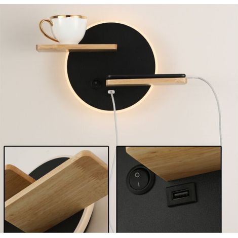 LED-Wandleuchte für den Innenbereich mit USB-Anschluss, moderne Wandleuchte mit Schalter, Leselampe, Nachttischlampe, 30 x 19 x 12 cm, Schwarz [Energieklasse A] – Crezuo