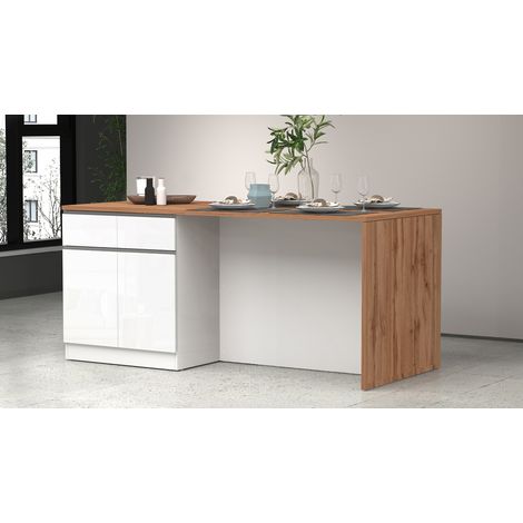 Îlot de cuisine moderne 200 cm blanc brillant/chêne wotan Solena (1/5)