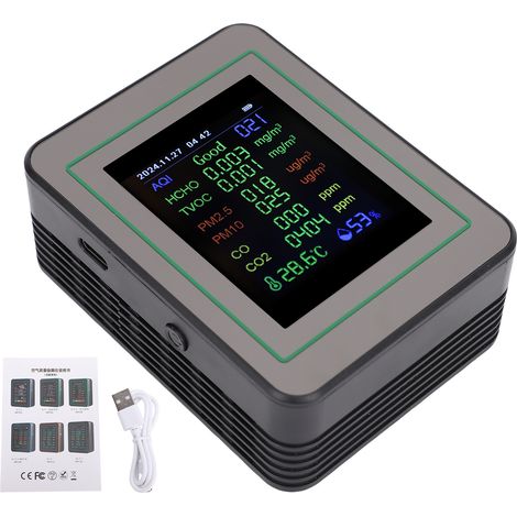 Monitor per la qualità dell'aria 12 in 1 con schermo a colori da 2,8 pollici, rileva HCHO, TVOC, PM2.5, PM10, CO, CO₂, temperatura e umidità, grafico di tendenza dei dati in tempo reale MT14 Nero. (1/5)