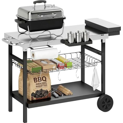 Desserte Jardin à 3 Niveaux avec Plan de Travail Inox, Panier Amovible, Étagères Ouvertes, Boîte à Épices, 2 Roues, 4 Crochets, Poignée Latérale, Chariot Barbecue pour Plancha, Noir (1/5)