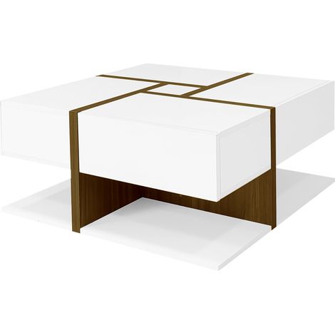 Mesa de centro cuadrada brillante con 4 cajones, blanca y efecto madera, 78 x 78 x 34,8 cm (1/5)