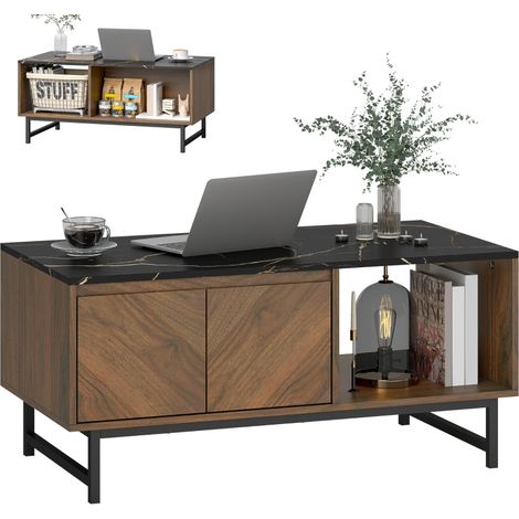 Table basse effet marbre avec 2 portes et 2 niches ouvertes, dimensions 100x50,8x45,7 cm, finition noyer moderne (1/5)