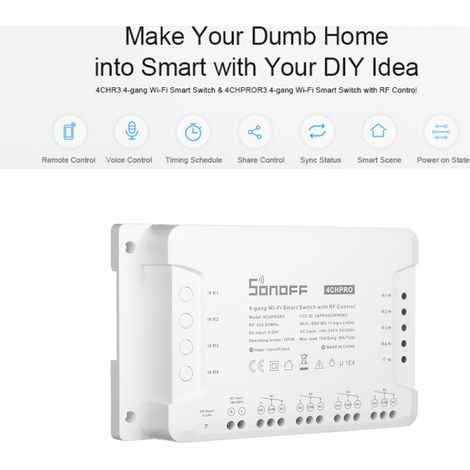 Interrupteur intelligent WiFi 4 voies SONOFF 4CH Pro R3 avec récepteur RF 433 MHz, modes auto-verrouillage/interverrouillage (1/4)
