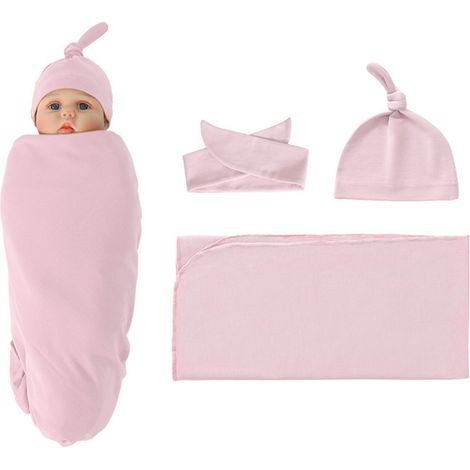 Ensemble de couvertures d'emmaillotage, bonnet et bandeau rose bébé pour nouveau-né en coton (1/5)