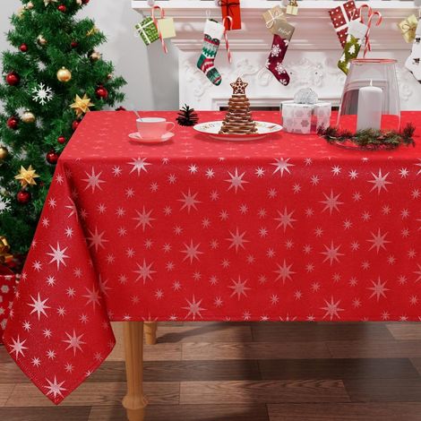 Weihnachts-Tischdecke 140x300cm Rot Sternenmuster Abwaschbar & Wasserabweisend