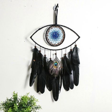Attrape-rêves tissé à la main avec pompon en plumes et ornement mural porte-bonheur pour la maison D (1/4)