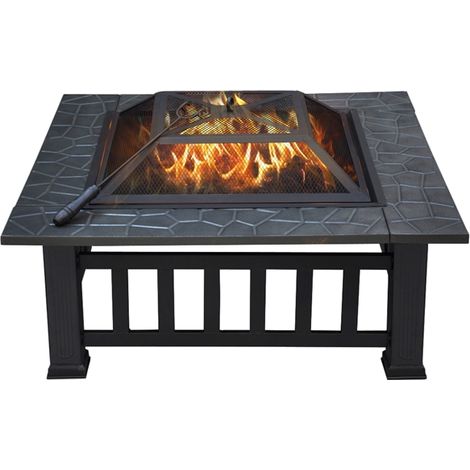 Yaheetech – Brasero extérieur carré 81 x 81 cm – Poêle chauffant en métal avec couvercle en maille – Pour combustion de bûches et charbon de bois - NOIR 81 X