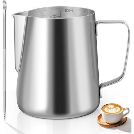 Lattiera in acciaio inox da 600 ml per caffè latte e cappuccino, tazza in acciaio inox con tacche di misurazione, lattiera per preparare la schiuma di latte per il caffè (1/5)