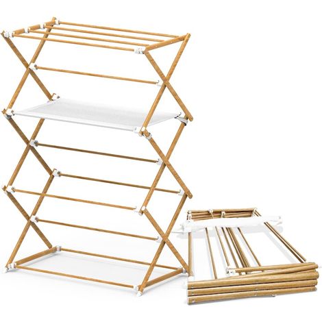 Séchoir à Linge Pliant Étendoir à Linge Compact Séchoir Pré-assemblé 7 mètres d’Espace de Séchage Étendoir à Linge Intérieur et Extérieur Couleur Imitation Bois (1/5)