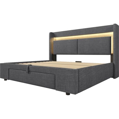 Polsterbett 140x200 cm aus grauem Leinen mit LED-Kopfteil, USB und USB-C (1/5)