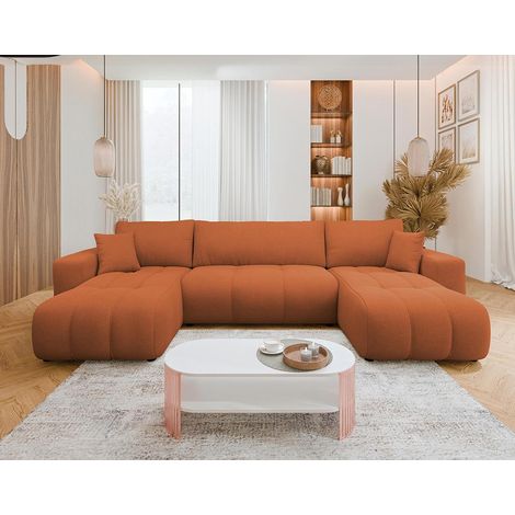 Bestmobilier – Canapé panoramique en U 7 places convertible avec coffre de rangement – Tissu 100% polyester – Design contemporain – Dimensions 312x145cm