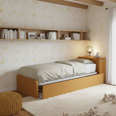 Letto singolo con secondo letto estraibile e testata testiera contenitiva - 80x190 - Zolfo (1/4)