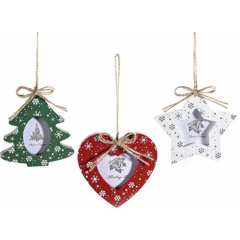 Portafoto natalizi in legno con cordino e fiocco decorativo, sagomate a forma di cuore, set da 9 pezzi, cm 9 x 10 H