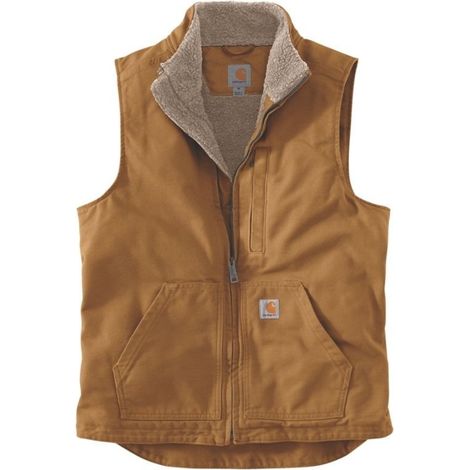 Carhartt – Gilet sans manches homme col montant en coton – Doublure sherpa légère – Poche poitrine zippée – Taille M – Marron foncé (1/3)
