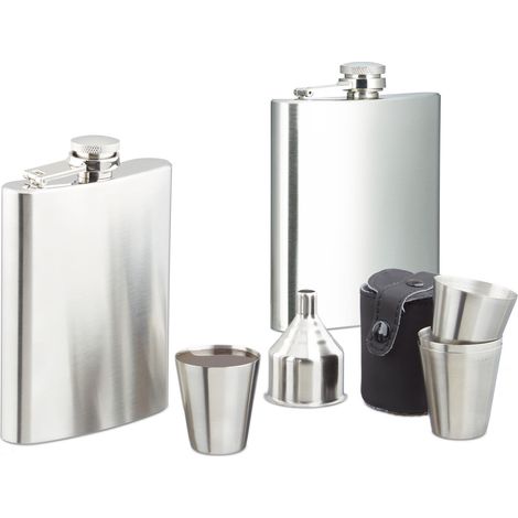 8-piece stainless steel flask set, 200 ml flasks, with 4 cups and funnel, for camping, festivals, silver (1/5)