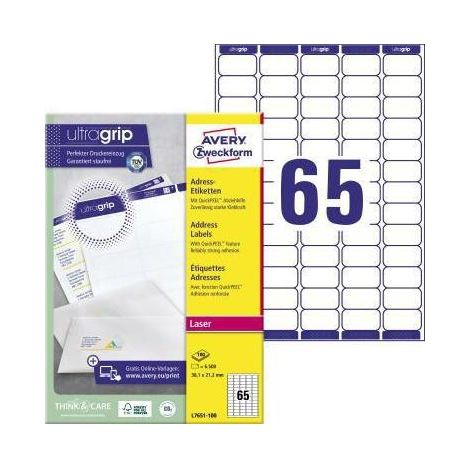 AVERY ZWECKFORM Adressetikett Avery Zweckform ultragrip 38,1 x 21,2 mm (B x H) Papier weiß 6.500 Etik./Pack. (1/4)