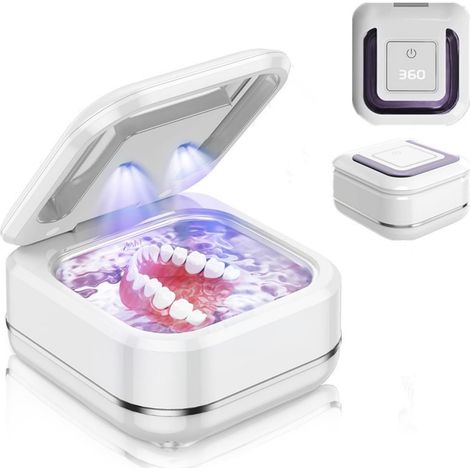 Pulitore a ultrasuoni - 42 kHz - per protesi dentarie, apparecchi ortodontici, retainer, testine di spazzolino, gioielli, scatola nera portatile con timer e arresto automatico (bianca) (1/5)