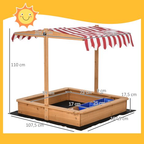 Bac à sable Outsunny 107,5 x 107,5 cm pour enfants, avec couvercle réglable en hauteur, en bois, idéal pour les enfants de 3 à 7 ans, pour jardin, terrasse ou balcon. (1/5)
