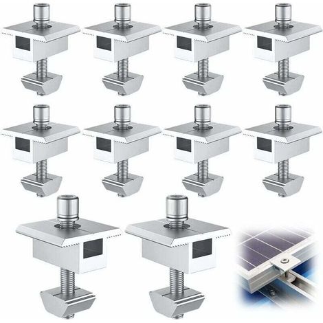Supports de fixation pour panneaux solaires - 10 supports en aluminium pour panneaux solaires, bornes centrales en T, fixation pour panneaux solaires photovoltaïques, support de fixation central pour (1/5)