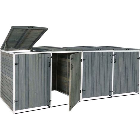 Cubo de basura exterior alberga contenedores de basura de hasta 8 cubos con tapa 126x316x98 cm Madera certificada FSC gris-blanco 040002871