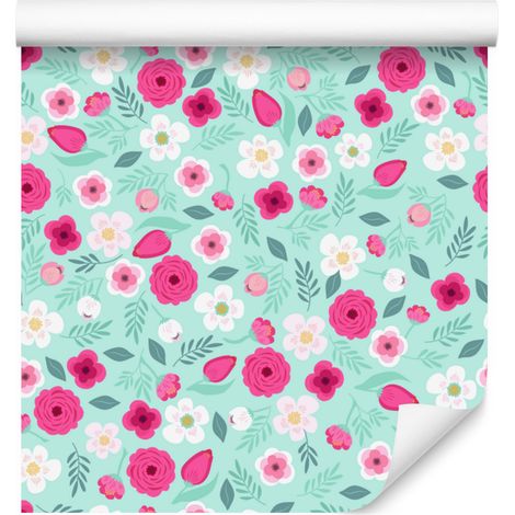 Papel pintado de flores rosas, menta y rosa empolvado para salón y dormitorio, 50x1000 cm. (1/5)