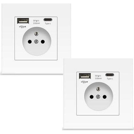 white wall sockets with USB and Type-C ports, glass power outlets, 5V, 2100mA (1/4)