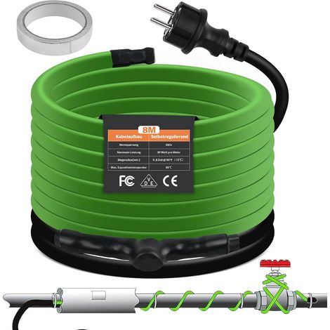 Self-regulating heating cable, 8 m, antifreeze, with built-in thermostat to protect water pipes, ideal for plants, waterproof with protective contact plug 35 W/m, 230 V, IP68 (1/5)