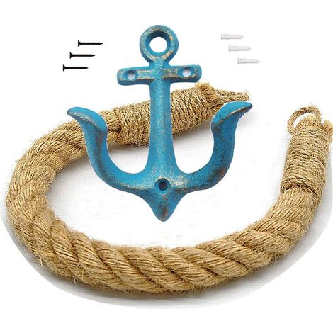 Porte-serviettes mural en métal bleu avec corde marine et (1/5)