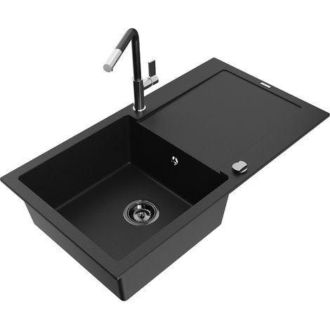 Mexen Leo 1 Becken-Granitspüle mit Abtropffläche und Mischbatterie Flora, Schwarz - 6501-77-670401-0 (1/5)