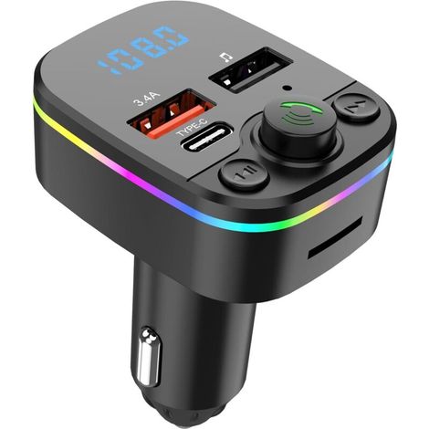 Bluetooth-FM-Transmitter fürs Auto, MP3-Player mit zwei 3,4-A-USB-Typ-C-Anschlüssen, Ambientebeleuchtung, schnellem und farbenfrohem Modulator, Ladegerät und Zigarettenanzünderadapter. Freisprechfunkt