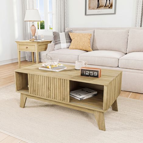 Table basse avec porte coulissante cannelée et étagères de rangement - Style Nordique & Moderne - Bois Naturel - 95 x 41 x 48 cm (1/5)