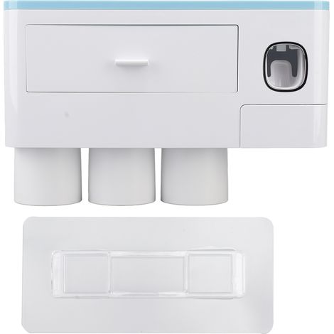 Distributeur de dentifrice mural avec presse-tubes, trois godets, bleu (1/5)