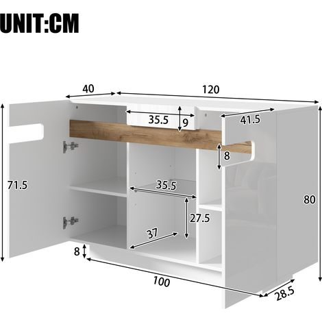Buffet/meuble de rangement à éclairage LED, quatre étagères et deux compartiments ouverts, façades laquées, idéal pour le salon et la cuisine, aspect bois naturel et blanc, 120 × 40 × 80 cm (1/4)