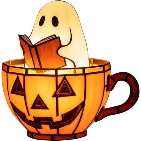 Décoration d'Halloween avec un fantôme lisant dans une baignoire citrouille, lampe gothique à piles pour table, étagère et maison. (1/5)
